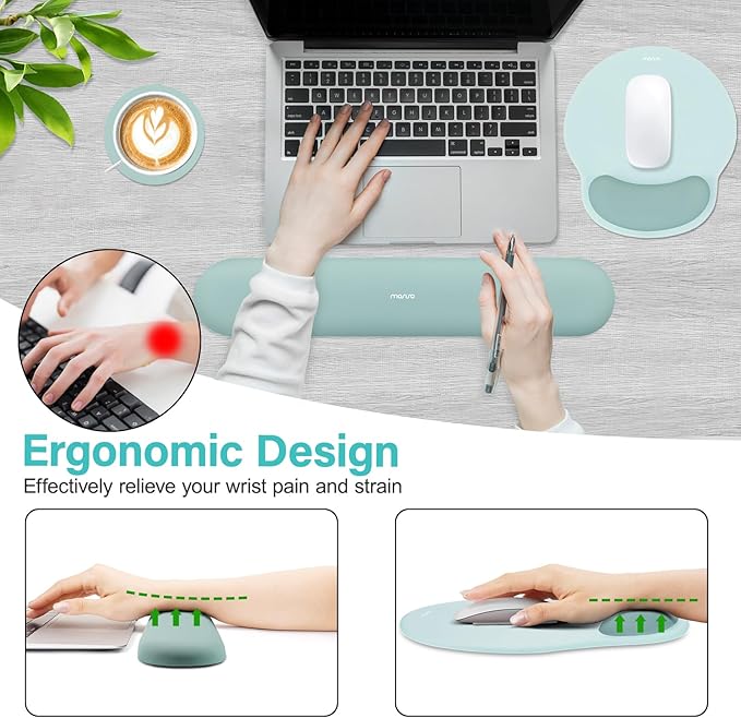 MOSISO Wrist Rest Support for Mouse Pad&Keyboard Set, Circle Curved Ergonomic Mousepad&Coaster Non-Slip Base Home/Office Wrist Support&Easy Typing Pad with Soft Cloth&Silicone Lining, Aquamarine