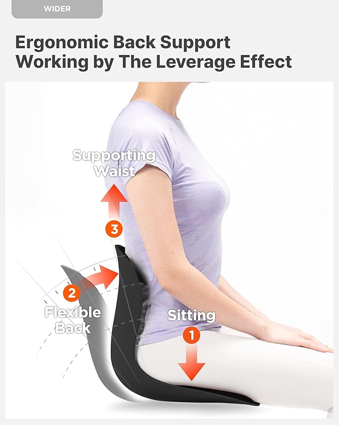 Curble Wider(Standard Wide) – Ergonomic Lower Back Support, Lumbar Support Back Posture Corrector for Low Back Pain Relief, Perfect for Home Office Desk Chair, and Floor Seat, Patented (Black)