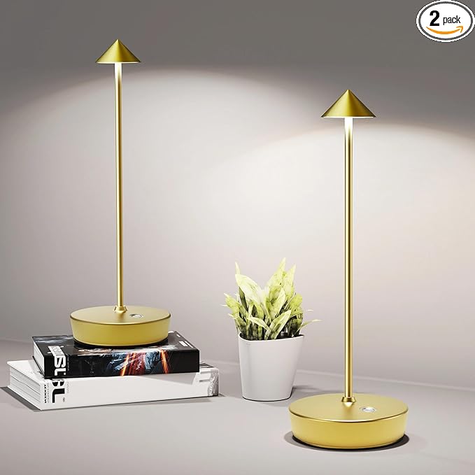 Cordless Table Lamps Rechargeable, 6000mAh Battery Operated LED Desk Lamp Outdoor Waterproof Portable Touch Dimmable Table Light for Patio Restaurant Dining Home Set of 2 Brass