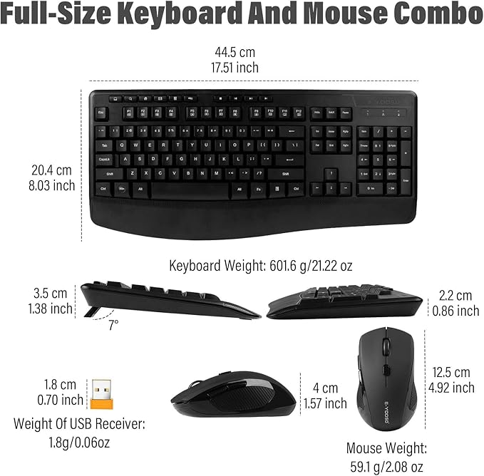 Wireless Keyboard and Mouse Combo,Silent Soft Touch Quiet Keyboard Less Noise 90%,Ergonomic with Wrist Rest,2.4GHz 104 Keys Full Size,2400 DPI Mouse,for Office/Work/Home/PC Computer/Laptop/Mac,Black