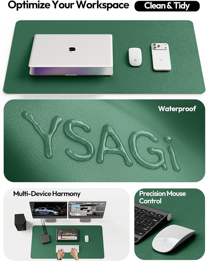 YSAGi Leather Desk Pad Protector, Office Desk Mat, Large Mouse Pad, Non-Slip PU Leather Desk Blotter, Laptop Desk Pad, Waterproof Desk Writing Pad for Office and Home (Jade Green, 35.4" x 17")