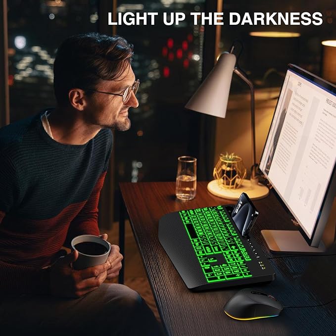 Wired Keyboard Mouse Combo - Large Print Backlit, Ergonomic Wrist Rest, 6 DPI RGB for PC/Windows - Ideal for Seniors, Students, Office and Home SABLUTE KM21Pro