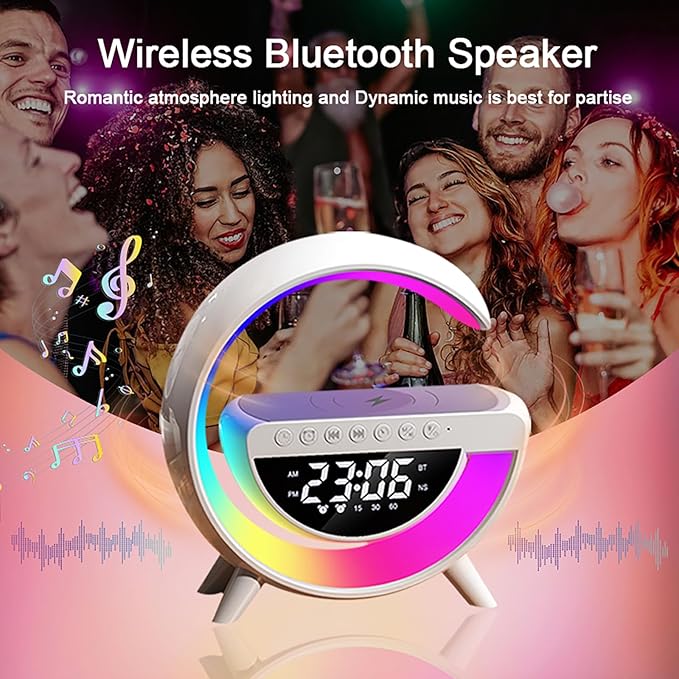 Smart Wireless Charging Table Lamp, Multifunctional Bluetooth Speaker & Alarm Clock - LED Bedside Desk Lamp Night Light for Heavy Sleepers, Superfine Bedroom Home Decoration (Black)