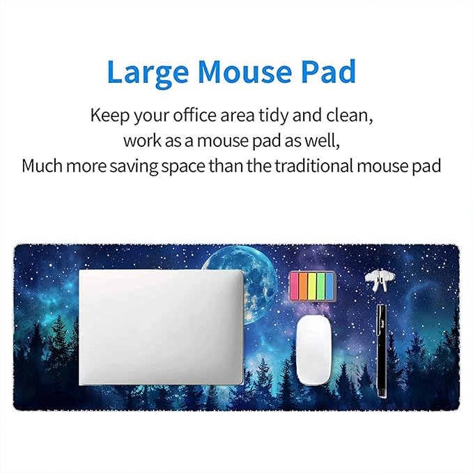 Starry Sky Forest Desk Pad Mouse Pad Moon Stars Galaxy Forest Aurora XL Mouse Pad Large Mousepad Extended Laptop Keyboard Mat Gaming Desk Pad Mouse Mat 31.5"x11.8" Office Computer Keyboard Laptop Home