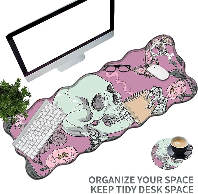 Skull Coffee Pink Large Gaming Mouse Pad Plus a Coaster, 31.5 x 11.8 inches Desk Mat Extended XL Mousepad with Stitched Edge Non-Slip Rubber, Desk Pad Computer Mouse Mat for Home Office