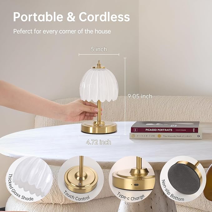 Tulip Small Table Lamp, 5200mAh Cordless Touch Control Mini Table Lamp with 3 Color Temps & Stepless Dimming, Perfect for Small Spaces Like Dressers, Bedsides, Bookshelves (White Tulip)