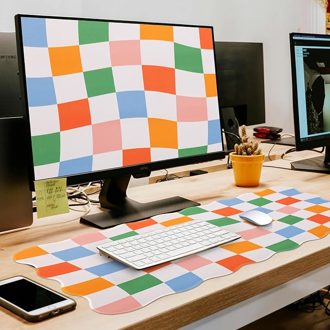 L-SPOUTTO Checkered Mouse Pad,Geometric Desk Mat XXL Large Scalloped Gaming Mousepad,35.4x15.7in Non-Slip Base Keyboard Pad Waterproof Desktop Mat for Laptop Computer Game Home Office-Checkered