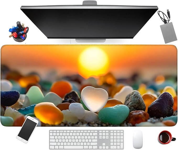 Large Mouse Pad & Keyboard Mat 35x16 Inches, Sunset Pebble Beach Landscape Non-Slip Rubber Base Desk Mat, Large Extended Desk Protector for Home Office Gaming Setup