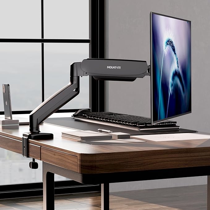 Mount-It! Single Monitor Arm Desk Mount, Gas Spring Monitor Mount, Fits 13–32" Screens up to 17.6 lbs, VESA 75x75 & 100x100, Full Motion Tilt Swivel Rotate, C-Clamp & Grommet Base