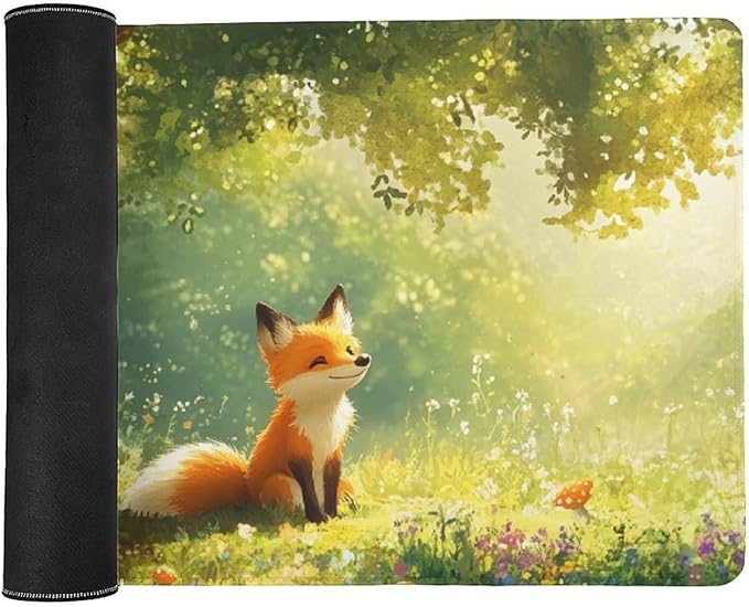 Cute Fox Mouse Pad, Large Extended Desk Mat 40×90cm (16''×36'')， Forest Animal Gaming Mousepad with Non-Slip Rubber Base, Stitched Edges, Water-Resistant for Office Home