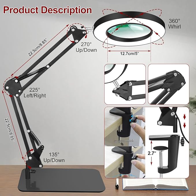 12X Magnifying Glass with Light, 5 Color Modes Stepless Dimmable Magnifier with Stand, LED Lighted Clamp Desk Lamp with Swing Arm, Hands Free for Reading Painting Crafts Close Work
