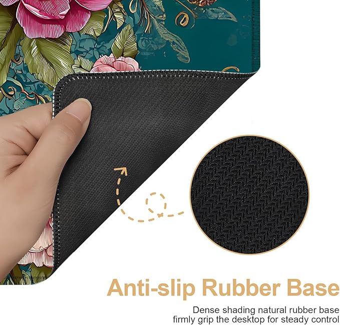 Large Mouse Pad & Keyboard Mat 35x16 Inches, Vintage Peony and Gold Dragonfly Floral Art Non-Slip Rubber Base Desk Mat, Large Extended Desk Protector for Home Office Gaming Setup