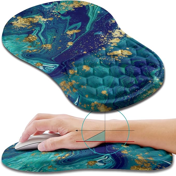 Hokafenle Ergonomic Mouse Pad Wrist Support, Wrist Rest Mousepad for Carpal Tunnel with Integrated Memory Foam Slope Massage Bulge (11.8x7.9 inch,Blue Gold)