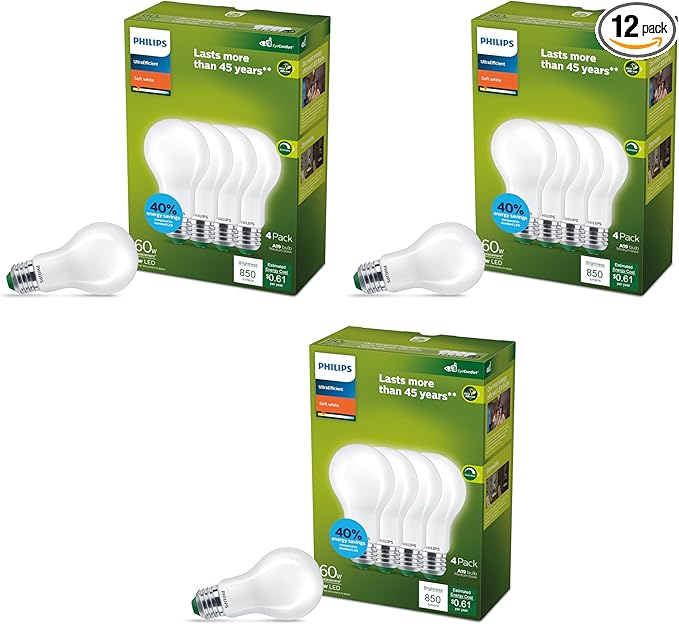 Philips LED 60W A19 12-Pack Ultra Efficient Soft White (5W = 60W) Dimmable Clear Flicker-Free Light Bulb