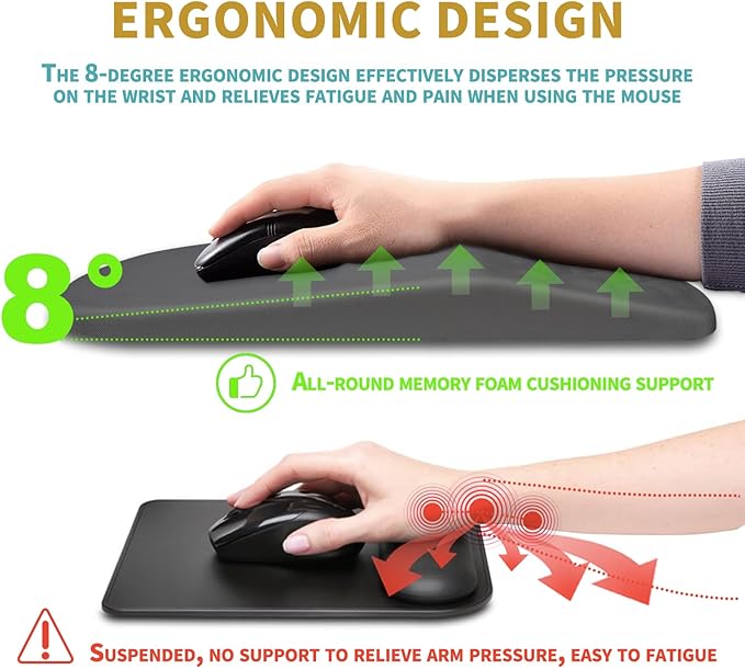 Hokafenle Ergonomic Mouse Pad Wrist Support with Massage Design, Wrist Rest Mousepad with Memory Foam&Non-Slip PU Base, Mouse Pads for Wireless Mouse & Desk (12x8 inch,Light Grey)