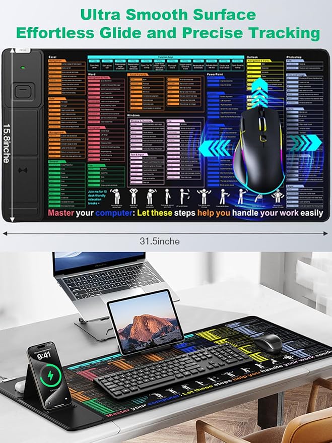 Mouse Pad with Foldable Phone Holder, Wireless Charging Desk Mat with Excel Shortcut Keys, 31.5"x15.8" Large Mousepad with Superior Micro-Weave Cloth, XXL Desk Pad Non-Slip, Waterproof