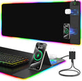 Mouse Pad with Foldable Phone Holder & Wireless Charger, XXL RGB Gaming Mousepad 31.5"x15.8" Large Desk Mat for Keyboard, Black Desk Pad with Dual Qi Charging Station | 11 Colors 5 Modes | Waterproof