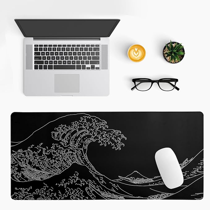 Japanese Sea Wave Large Mouse Pad Abstract Black Mouse Pad 31.5x11.8 Inch Black Kanagawa Texture Non-Slip Rubber Base Large Ocean Mousepad Stitched Edge Keyboard Mouse Mat Desk Pad for Office and Home