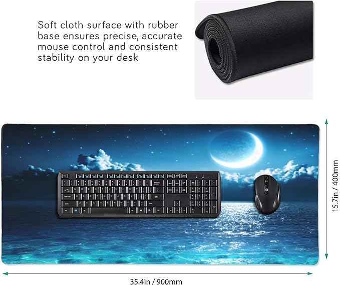 Gaming Mouse Pad,Large Mouse Pads for Desk,Non-Slip Rubber Base Extended Mousepad,XXL Keyboard Mouse Mat,Computer Keyboard Desk Pad with Stitched Edges,35.4x15.8inch,Romantic Moon On Sea