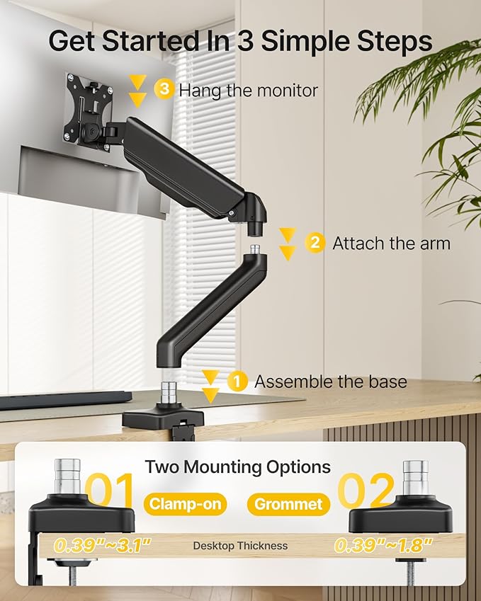monTEK Single Monitor Arm with USB Fully Adjustable Monitor Mount Fits 17-32 inch Screens Desk Monitor Stand up to 19.8lbs with Clamp/Grommet, Cable Management, Quick Release Plate, VESA 75/100mm