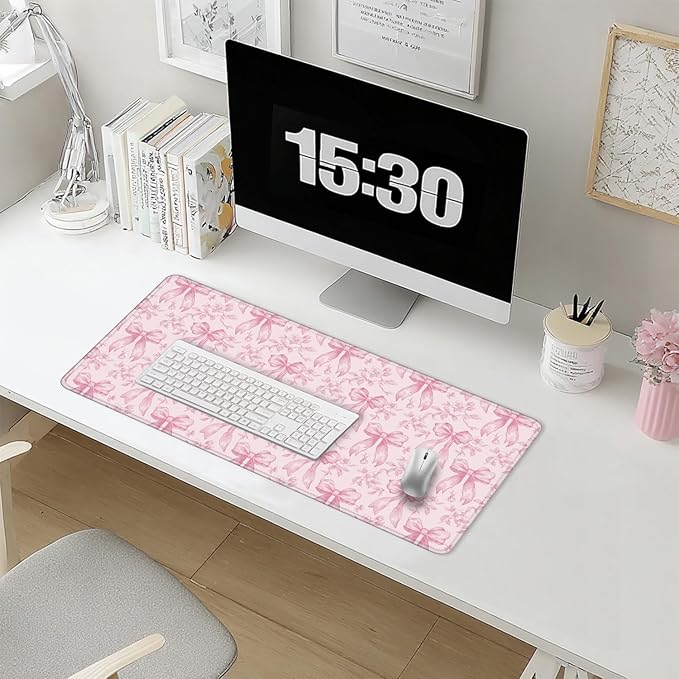 Coquette Pink Floral Large Mouse Pad 31.5x15.7inch, Trendy Girly Pink Bow Peony Flower Aesthetic Large Extended Computer Desk Mat Mousepad for Keyboard and Mouse, Preppy Desk Accessories