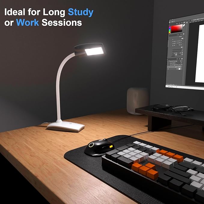 LED Desk Lamp 3 Brightness Dimmable Eye-Caring White Table Lamp Flexible Gooseneck Touch Desk Light 5W 450lm for Home Office Bedroom Reading Study 1.5M USB Cable