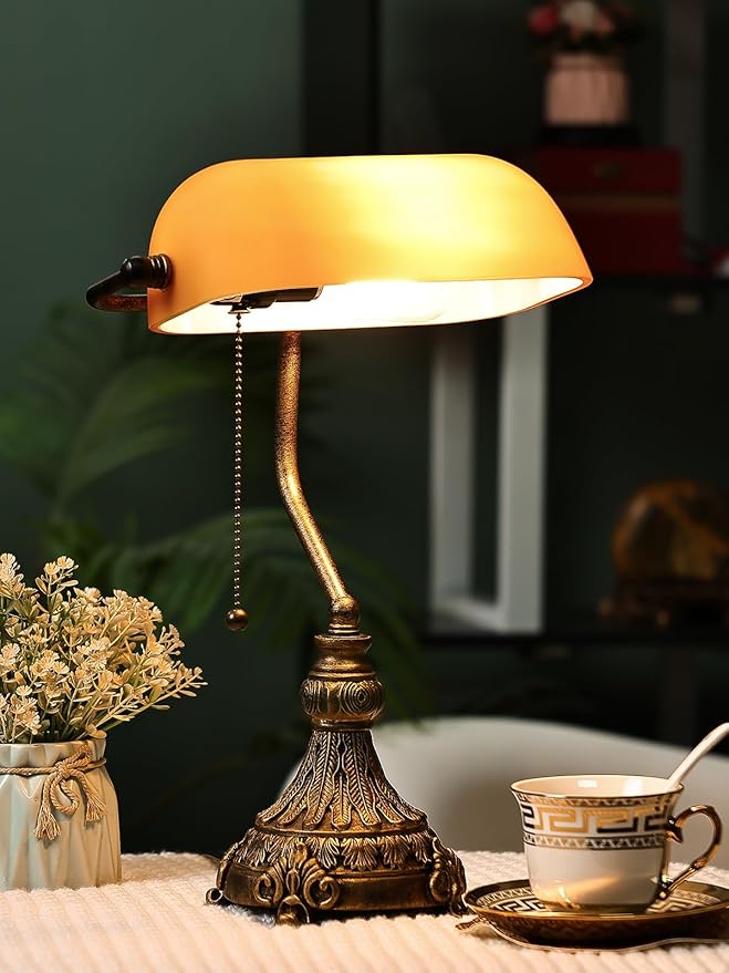 Newrays Vintage Amber Glass Bankers Desk Lamp for Home Office,Library with Pull Chain Switch Plug in Fixture, LED Bulb Included