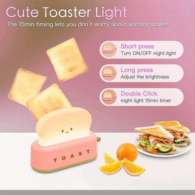 TOOGE Cute Toast Lamp, Small Desk Lamp, Night Light, Rechargeable, Pink, Plastic, Kawaii Decor for Bedroom, Table, Bedside, Desk, Gifts for Kids and Adults