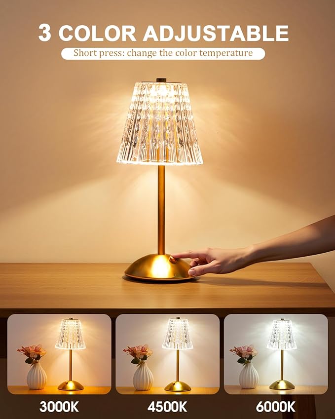 Cordless Touch Table Lamp, LED Rechargeable Small Dask Lamp, 3 Colors Dimmable Battery Operated Crysta Lamp for Bedroom Restaurant Kitchen Home Decor, Gold, 2pcs