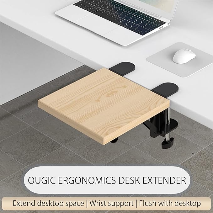 OUGIC Ergonomic Desk Extension Tray, 9.5 x 9.1 Inch Desk Extension Tray, Punch-Free Clamp Foldable Keyboard Drawer Tray Wrist Rest Computer Elbow Support