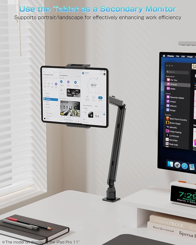 Tablet Arm Stand for Desk, Portable Monitor Stand Holder 15.6'',17.3'', Aluminum Alloy Foldable Arm Mount with 360° Rotating Desk Mount Compatible with 4.7-17.3inch Tablet, Cell Phone (Black)
