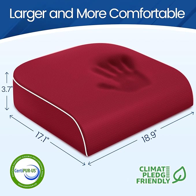 Seat Cushion for Tailbone Pain Relief, Office Chair Cushion, Memory Foam Large Chair Cushion with Non-Slip Cover for Soft Support at Office Chair, Car Seat, Airplane Red/2X-Large