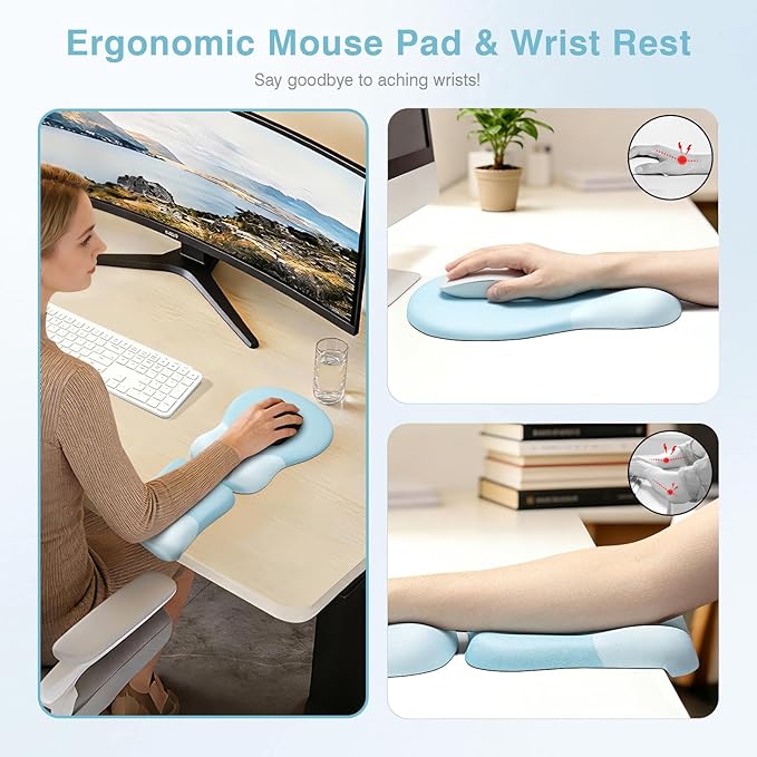 Ospelelf Mouse Pad with Wrist Rest Set Foam L-Shaped Desk Elbow Pad Ergonomic Desk Edge Cushion Anti-Slip Rubber Bottom Office Women Desk Accessories for Computer, Laptop and Gaming, Blue