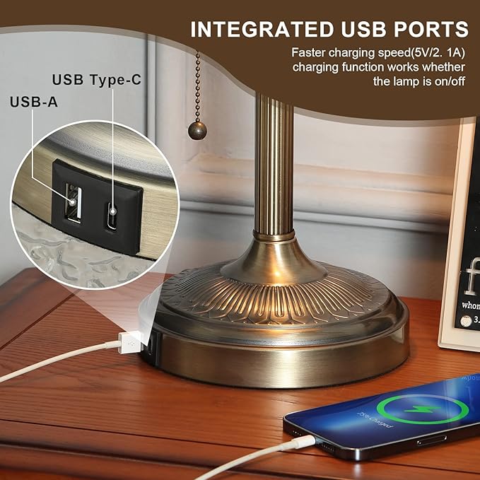 Newrays Green Glass Bankers Desk Lamp with Pull Chain Switch Plug in Fixture,USB Fast Charging Port