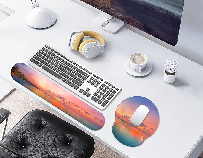 eulps Mouse Pad Wrist Support, Ergonomic Memory Foam Keyboard Wrist Pad & Gel Wrist Rest Set for Computer Keyboard for Easy Typing for Office & Home (Oceanic Sunset Set)