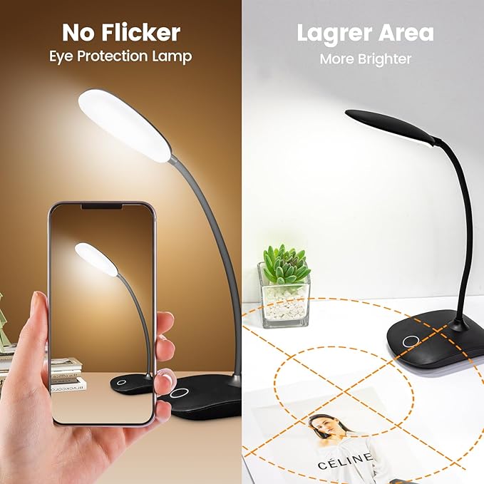 Battery Powered Desk Lamp, Portable Lamps Rechargeable 3 Color Modes Touch Control Stepless Dimming, Wireless Desk Lamp with 2000mAh, Small LED Table Light for Dorm Study Office Bedroom,Black