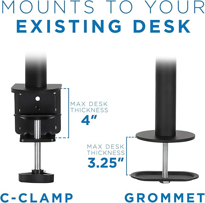 Mount-It! Ultra-Wide Single Monitor Arm Desk Mount, Height Adjustable Pole Stand for 13–42 Inch Screens up to 22 lbs, VESA 75x75 to 200x200, Clamp & Grommet