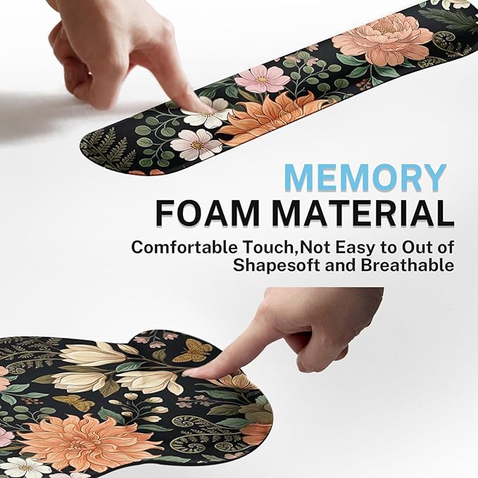 Arttown Spring Flower Desk Mat Leaves Floral Colorful Mouse Pad Set 4 in 1 Ergonomic Design Large Mousepad + Keyboard Wrist Rest + Mouse Wrist Rest + Coaster Suitable for Home Office Study Game