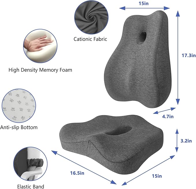 Seat Cushion & Lumbar Support Pillow Set for Office Chair, Ergonomic Pillow for Coccyx Support, Memory Foam Back Support Pillow & Chair Cushion for Car Seat, Desk Chair (Grey)