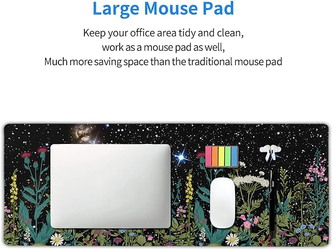 aportt Black Aesthetic Wildflower Large Mouse Pad XL Space Galaxy Weeds Herb Cute Floral Extended Desk Mat Big 80X30 CM Non-Slip Rubber Base Stitched Edge Long Mousepad,31.5×11.8 Inch