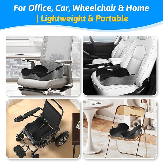 Seat Cushion for Tailbone & Sciatica Support - Plush Yet Supportive Ergonomic Memory Foam Chair Cushions for Office Chair, Car, Wheelchair, Airplane & Long Sitting