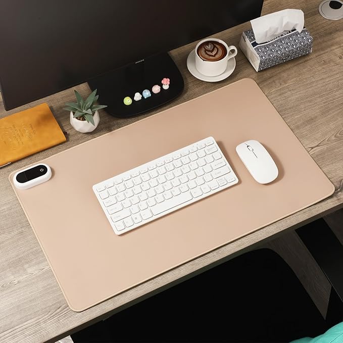 Konohan Heated Desk Pad Warm Mouse Pad, 5 Heating Level & 4 Hour Auto Shut-Off, PU Leather Warm Mouse Mat Heating Keyboard Gaming Mice Warmer Mat Only Supports 110v(Khaki Color,23.6"x 14.2")