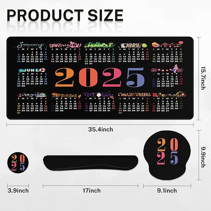 Arttown Desk Mat 2025 Calendar Office Mouse Pad Set 4 in 1 Black Month Day Ergonomic Design Large Desk Pad + Keyboard Wrist Rest + Mouse Wrist Rest + Coaster Suitable for Home Office Study Game