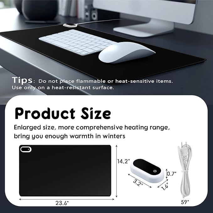 Konohan Heated Desk Pad Warm Mouse Pad, 5 Heating Level & 4 Hour Auto Shut-Off, PU Leather Warm Mouse Mat Heating Keyboard Gaming Mice Warmer Mat Only Supports 110v(Black Color,23.6"x 14.2")