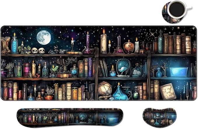 MIBITRI Keyboard Mouse Pad Set, Extended Gaming Mouse Pad+Ergonomics Keyboard Wrist Rest Support, Memory Foam, Easy Typing, 4Pcs XXL Ultra Thick Desk Mat, Enchanted Bookshelf