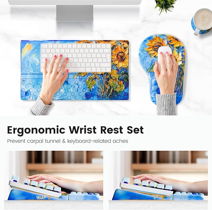 Ospelelf Ergonomic Mouse Pad and Keyboard Stand Wrist Rest Set, Memory Foam Comfort, for Typing, Office Desk Accessories, Sunflower