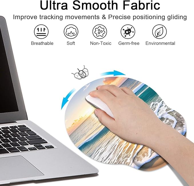 Britimes Summer Beach Sun Ergonomic Mouse Pad Set with Wrist Rest Non-Slip Rubber Base Wrist Cushion Support and Coasters Mousepad with Wrist Support for Computer Keyboard and Desk