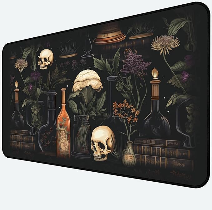 Retro Skull Large Mouse Pad, Gothic Desk Pad XXL, Office Desk Plant Desktop Cover Pad, Expanded Large Laptop Keyboard Pad, Dark Academic Gaming Table Decoration Accessories 31.5"X15.7"