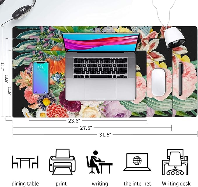 Desk Mat Large Protector Pad 23.6" ×11.8", Non-Slip PU Leather Desk Blotter, Waterproof Mouse Pad for Office Home Bouquet