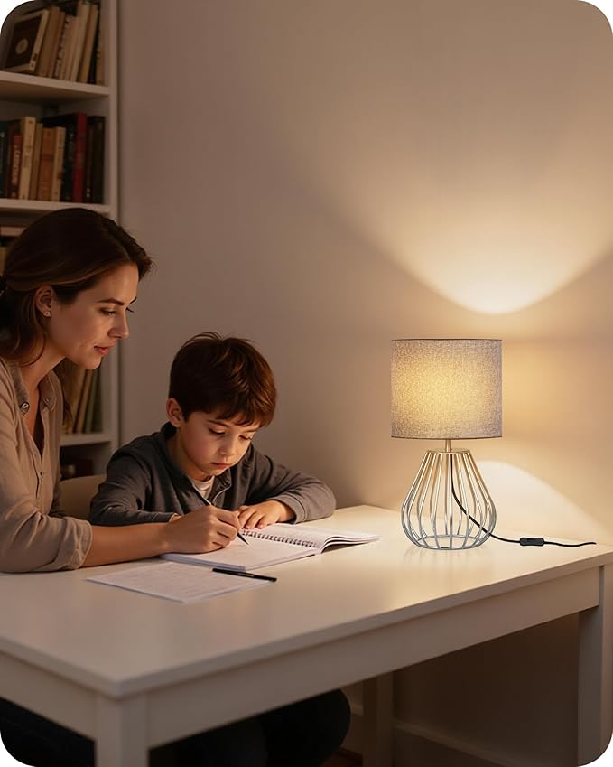 Small Table Lamp, Bedside Lamp with Gray Linen Lampshade & Silver Metal Base, Modern Nightstand Lamp, Little Cute Desk Lamp for Bedroom, Living Room, 2700K LED Bulb Included, SH06TL05